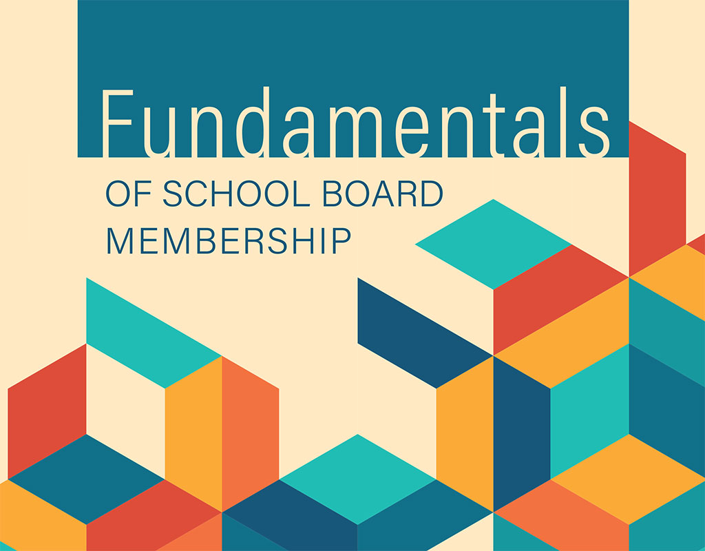 cover of fundamentals of school board membership with a warm color pallet of geometric shapes