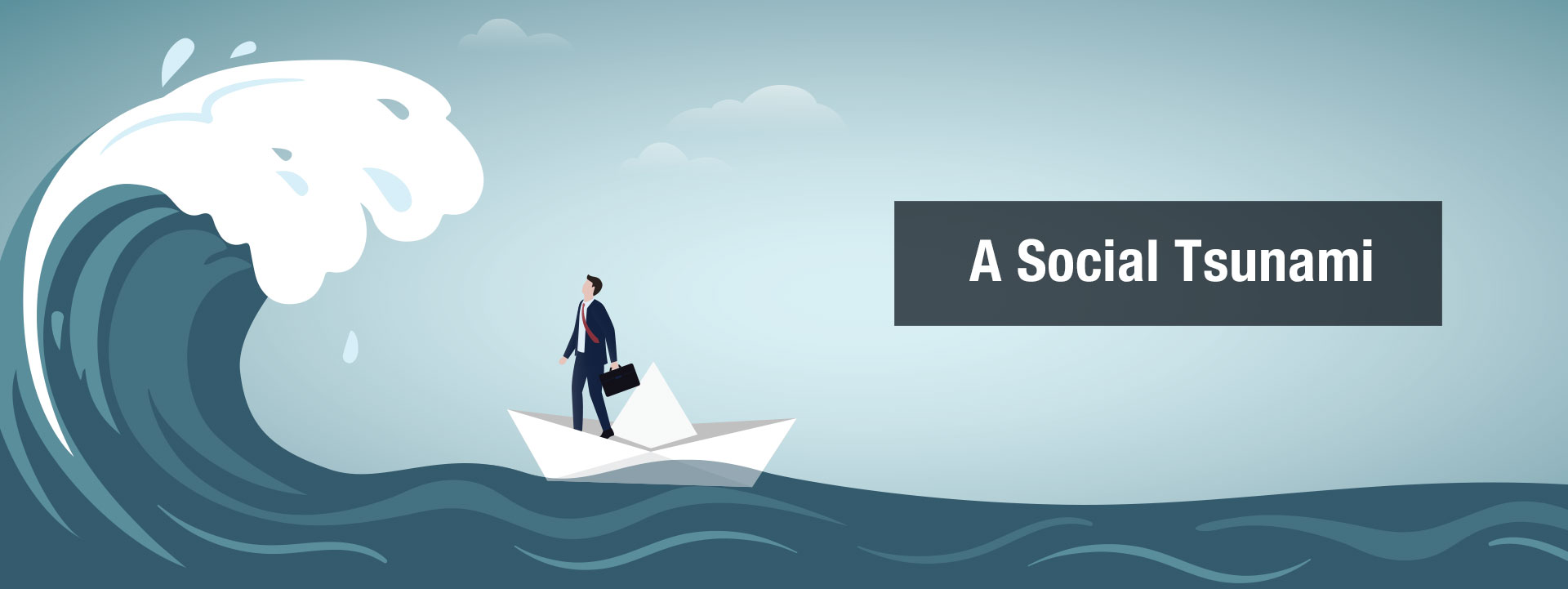 Illustration of a business man in a boat looking up at a huge wave