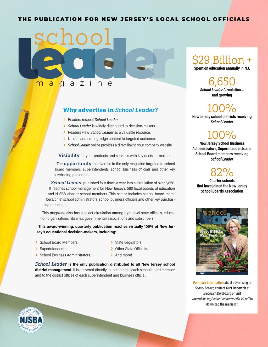 Cover image of School Leader Advertising brochure with text overlaying an open magazine