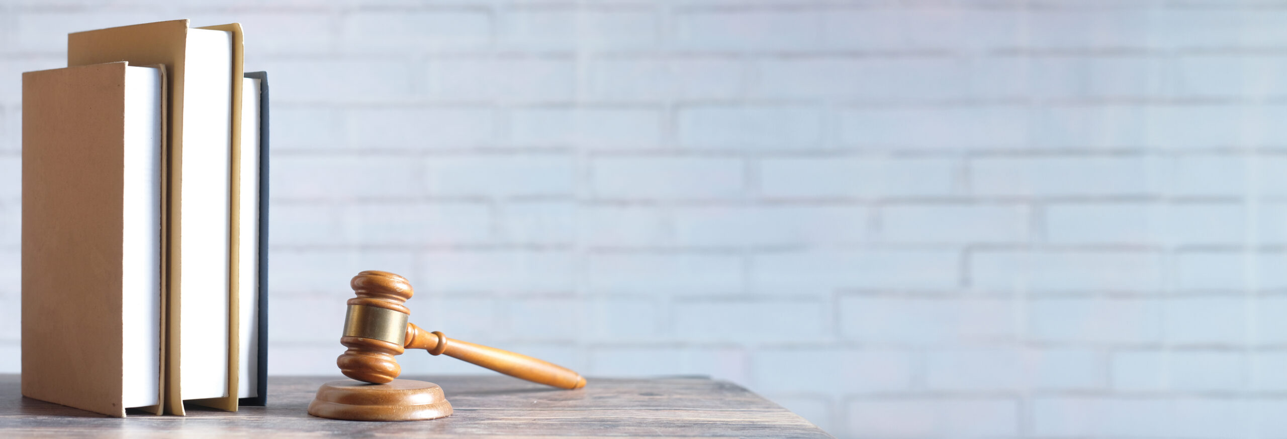 Featured art with a gavel and books in front of a brick wall