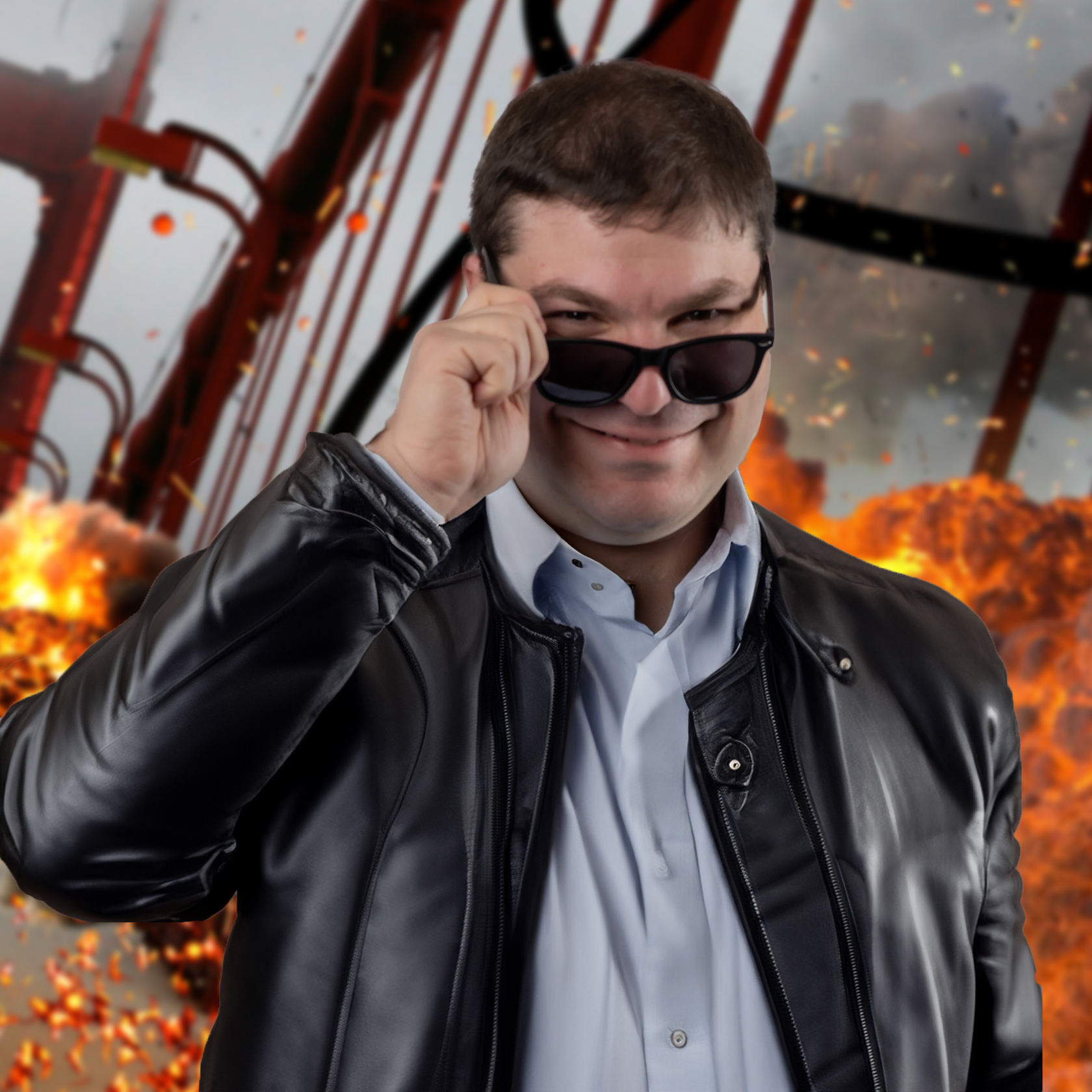 Robert Acera posing in a leather jacket pulling down sunglasses with a fiery scene in the background