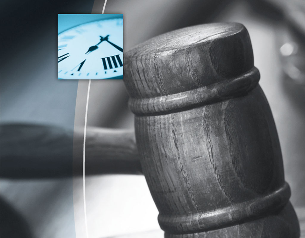 black and white closeup photo of a gavel and a thumbnail of a clock