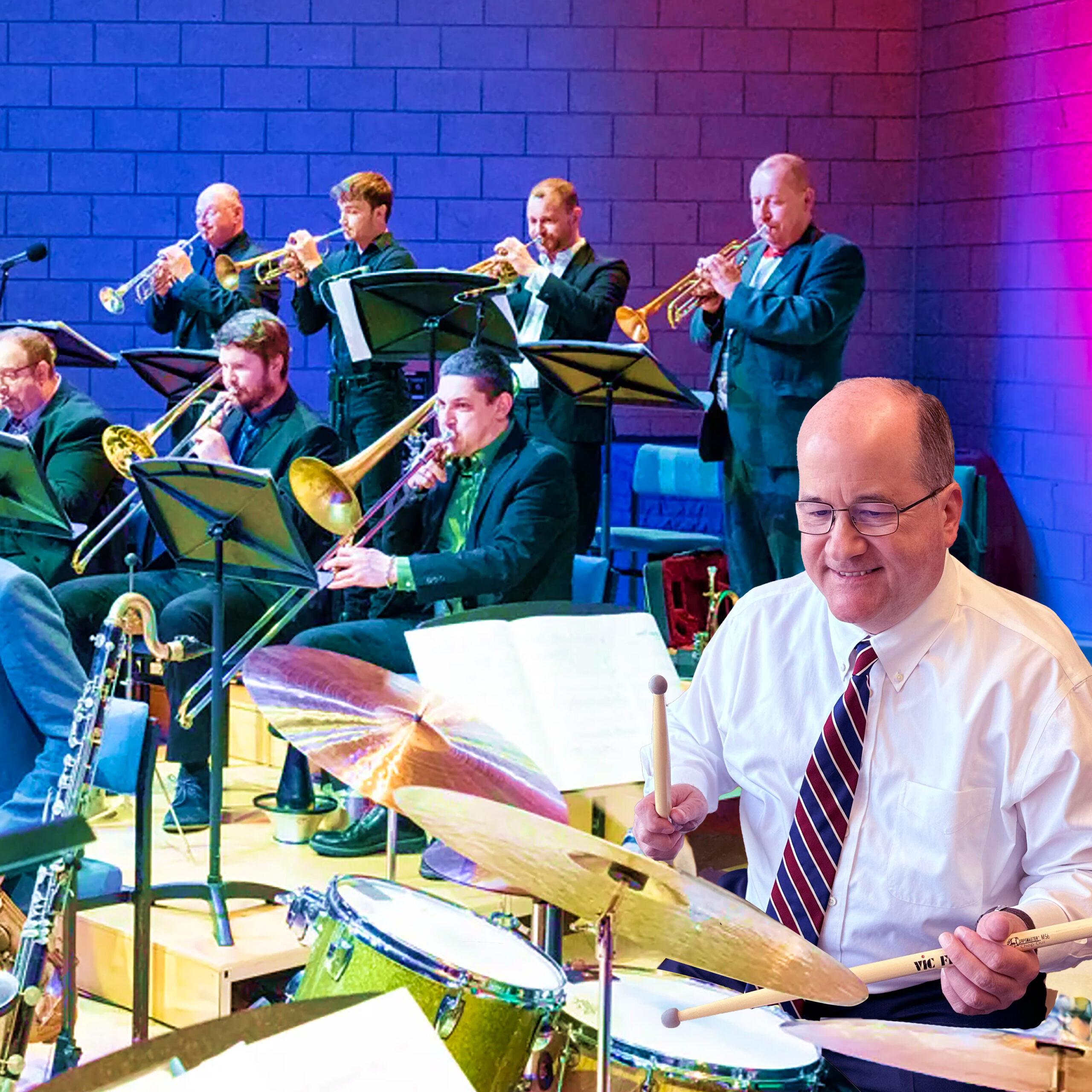 Peter E. Castellano playing drums with swing band