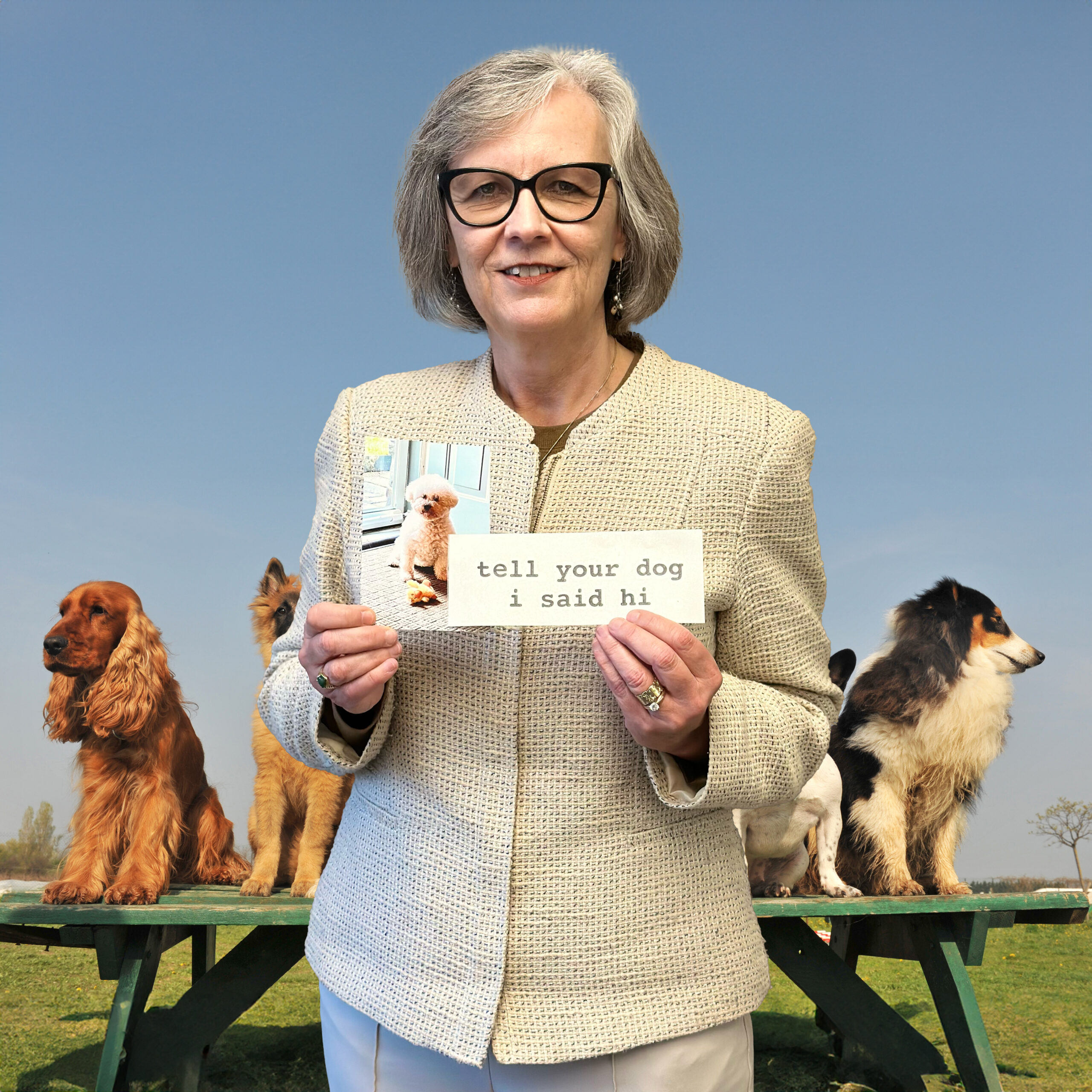 Jeanne Cleary in front of dogs