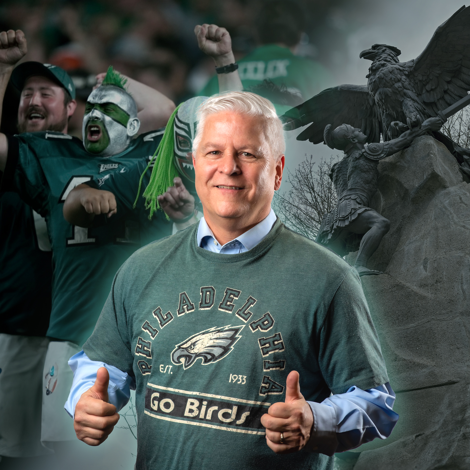 John Faford giving thumbs up in front of Eagles fans and eagle statue