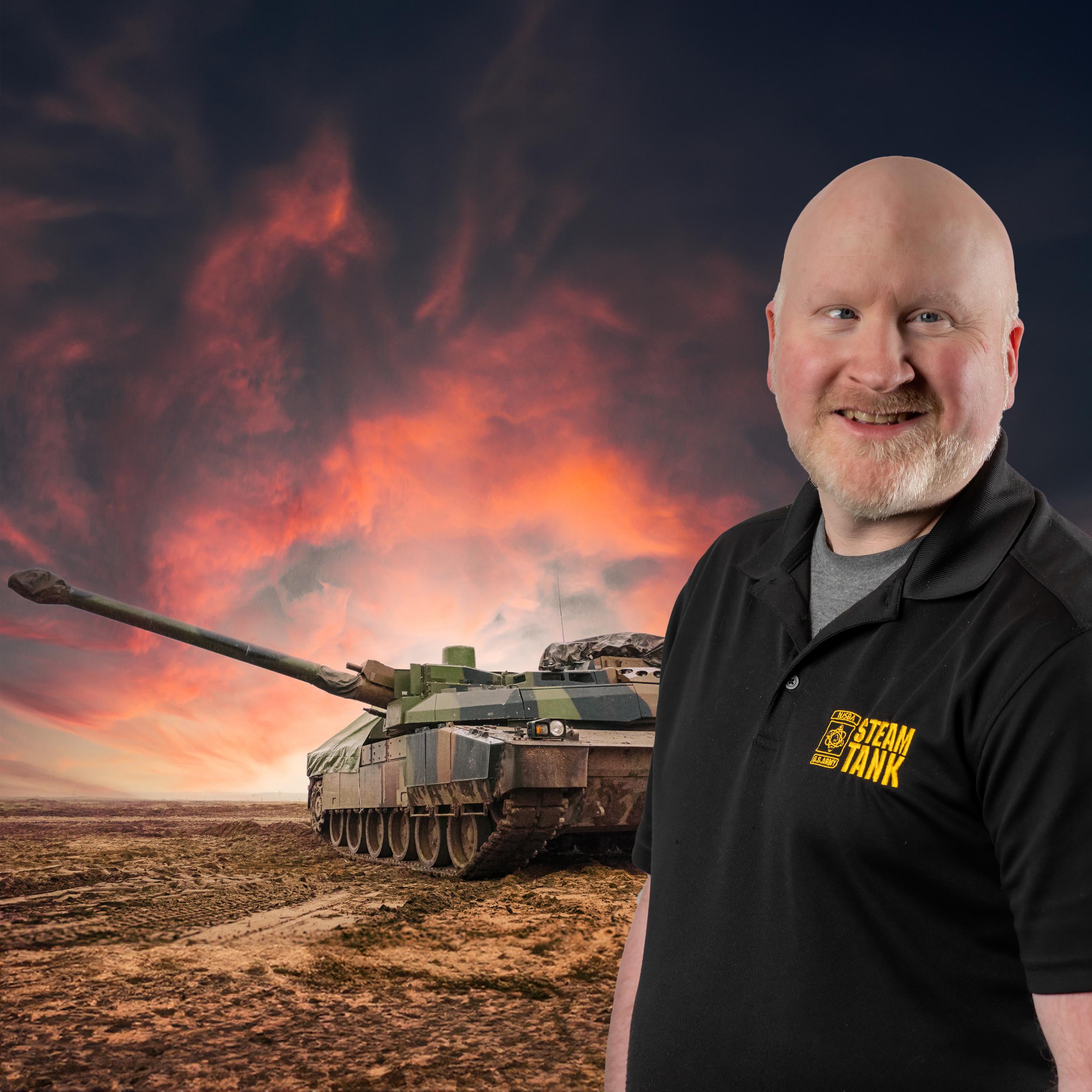 James Holt in front of tank