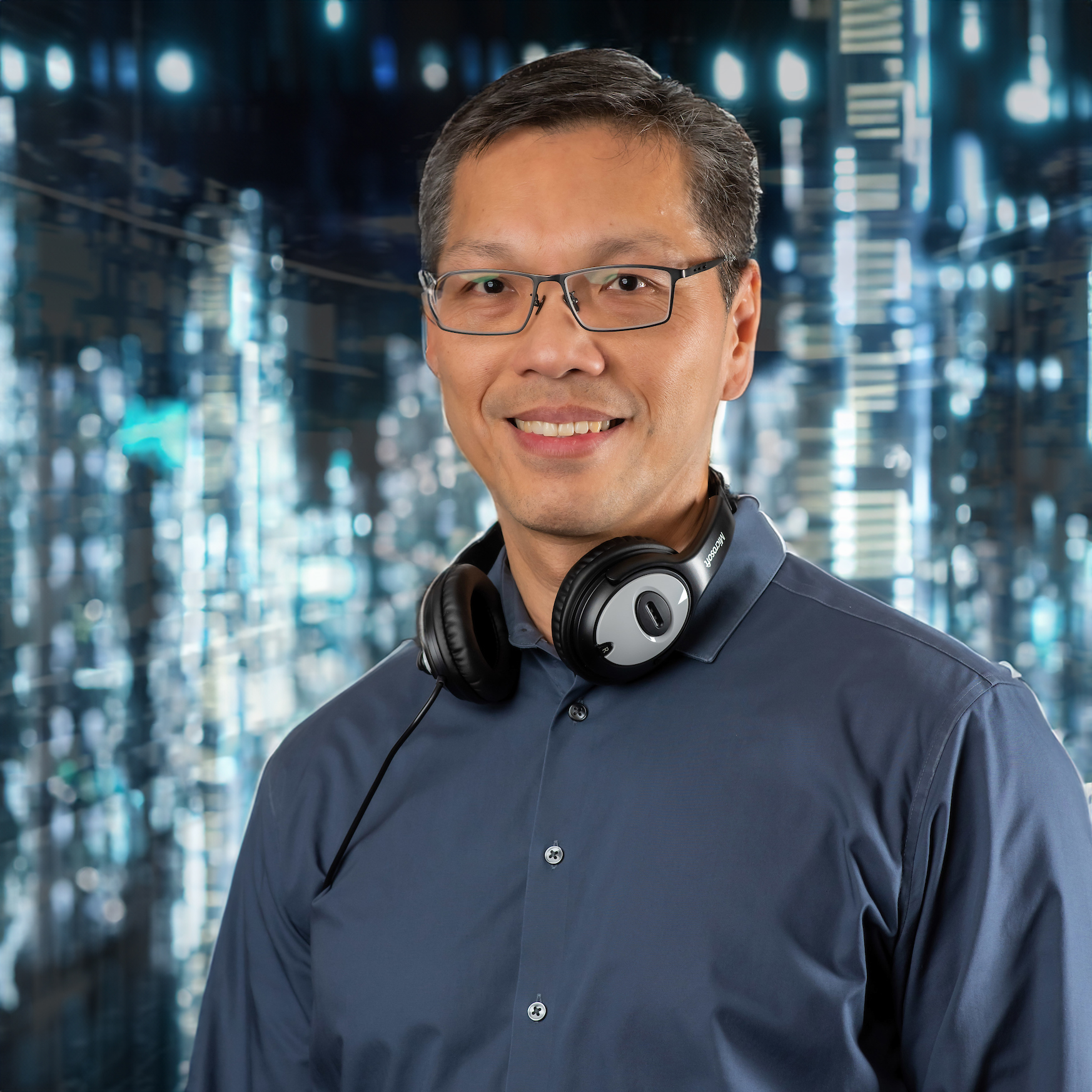 Joseph Hsieh posing with a headset around his beck and a technology pixel background