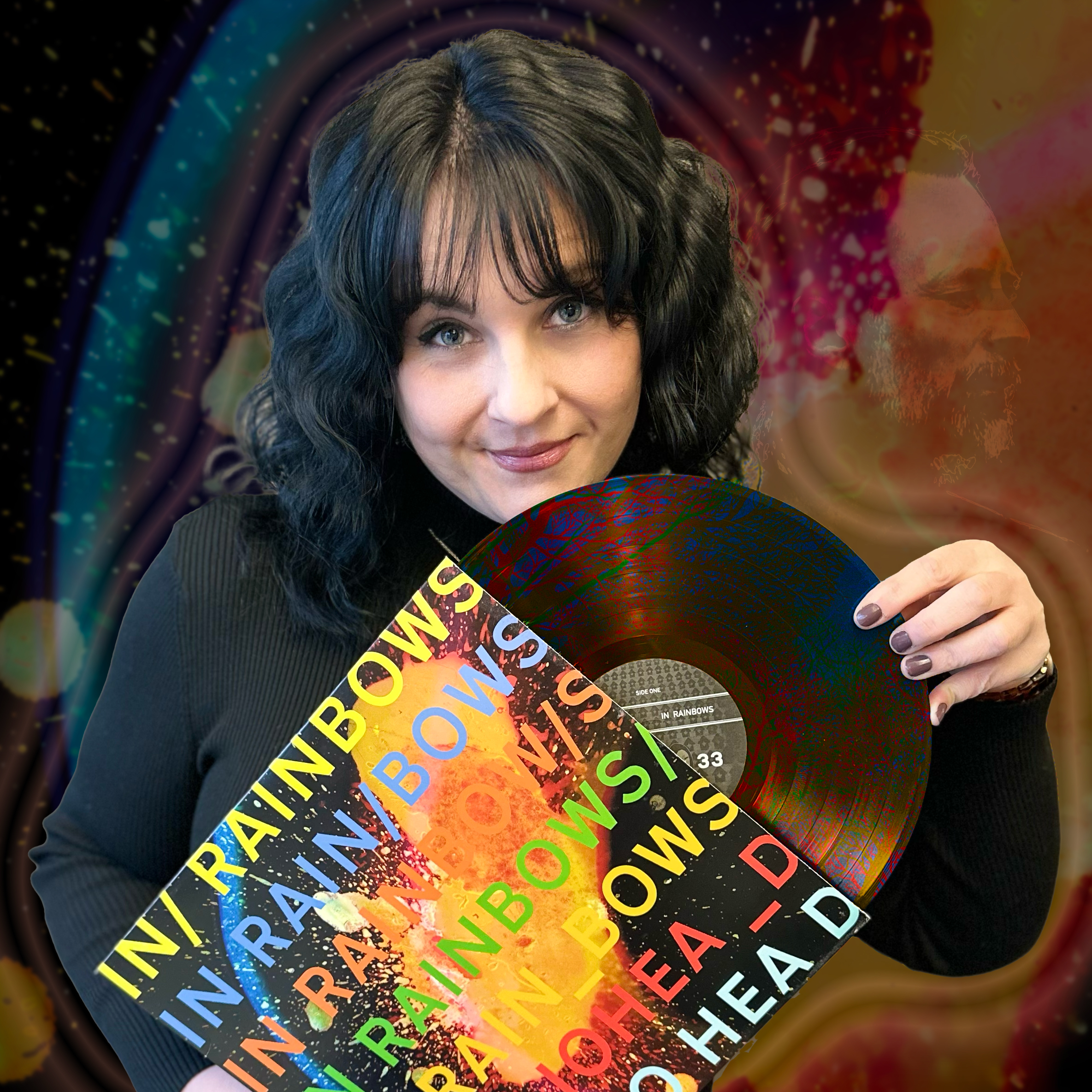 Kristen Krulikowski fun photo holding a Radio Head record with a tie dyed background