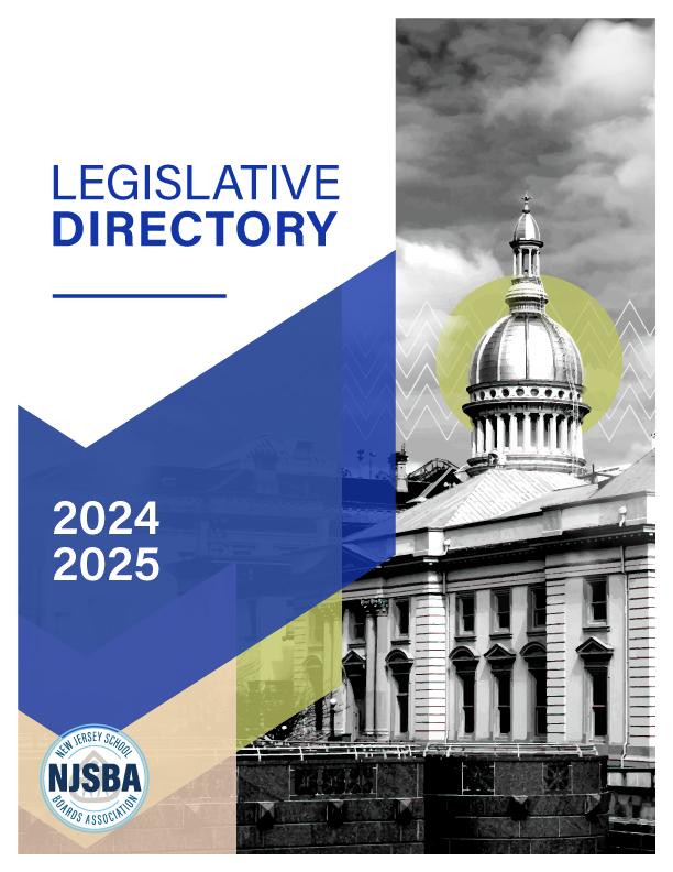 Legislative Directory 2024-2025 cover featuring the NJ State house in a high contrast black and white style and geometric shapes