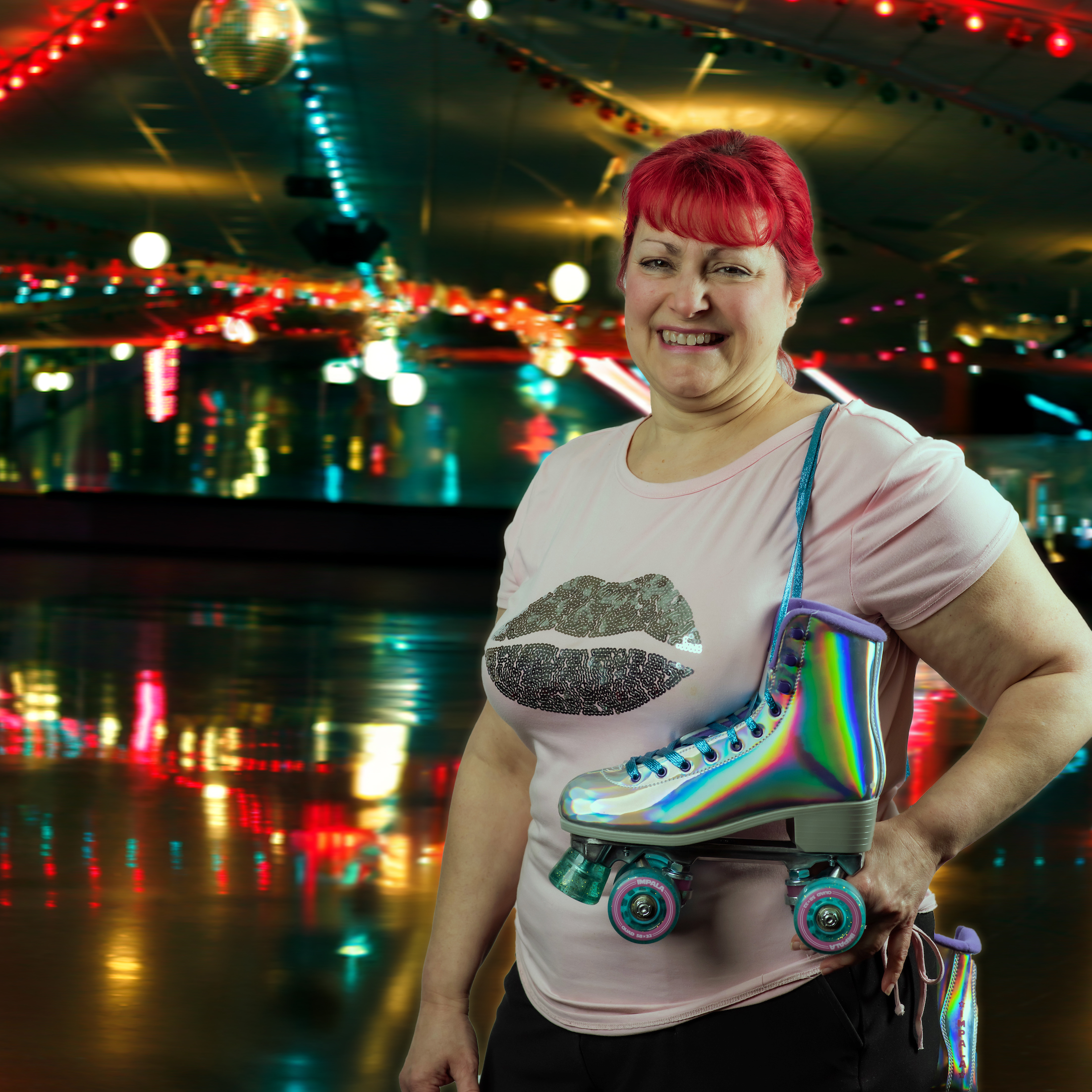 Marie Marcantonio inside a disco skating rink