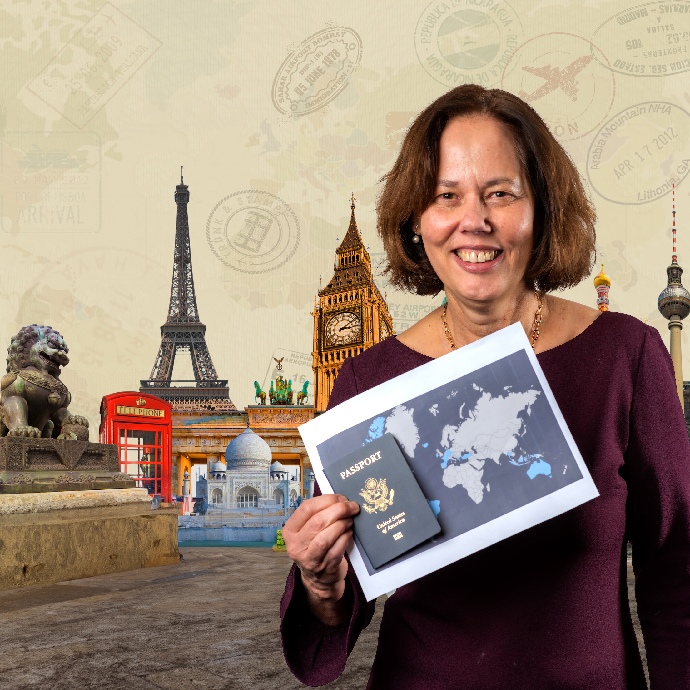 Charlene Peterson holding passport with popular destinations behind her