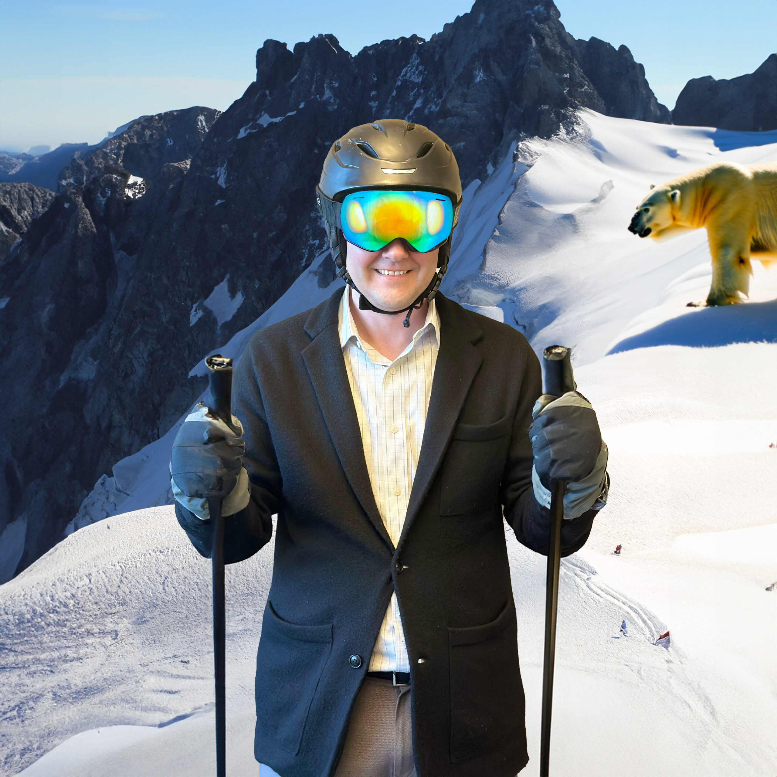 Johnathan Pushman posing with skis, goggles and a helmet with a ski slope and polar bear in the background