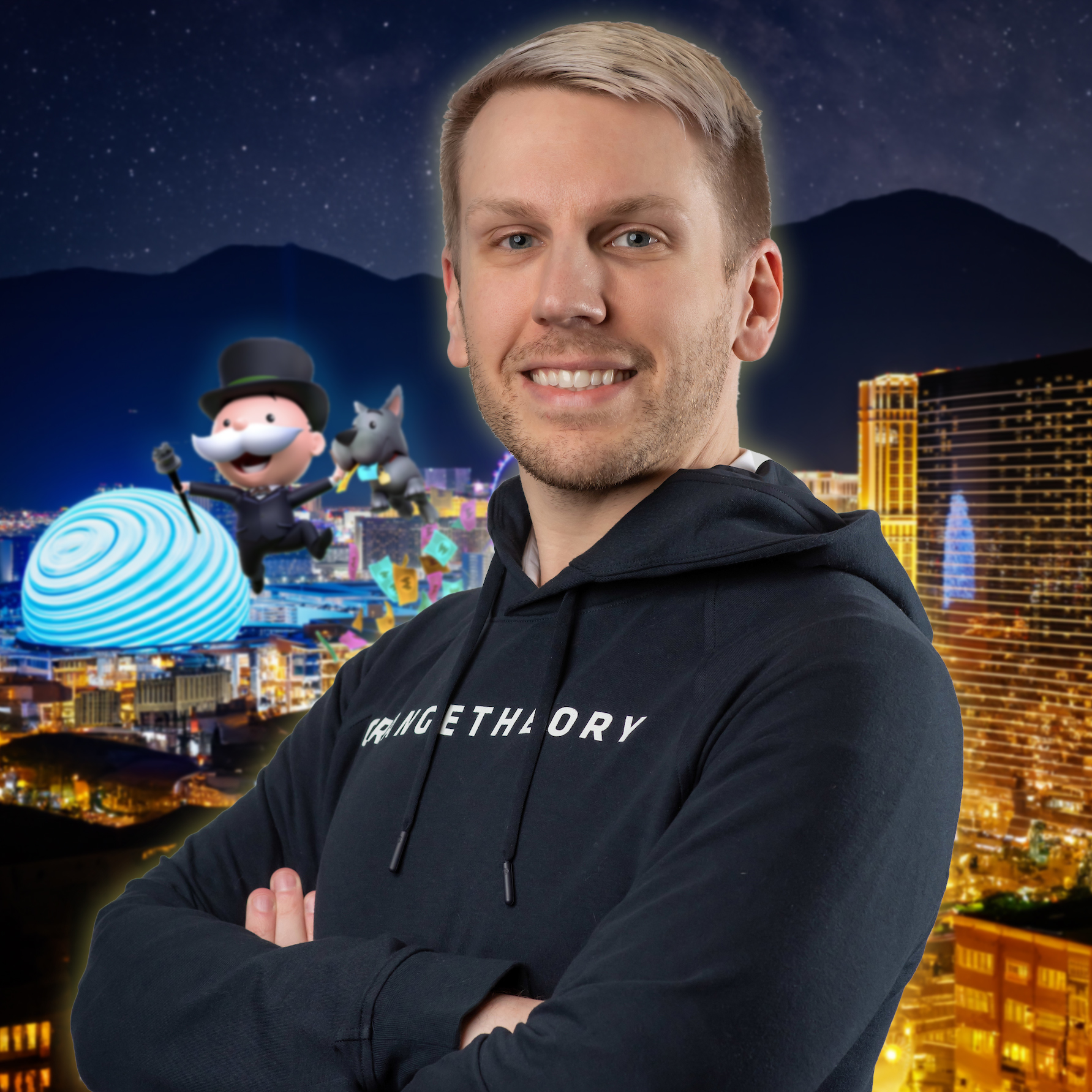 Kurt Rebovich posing with the Las Vegas skyline in the background and the Mr. Monopoly