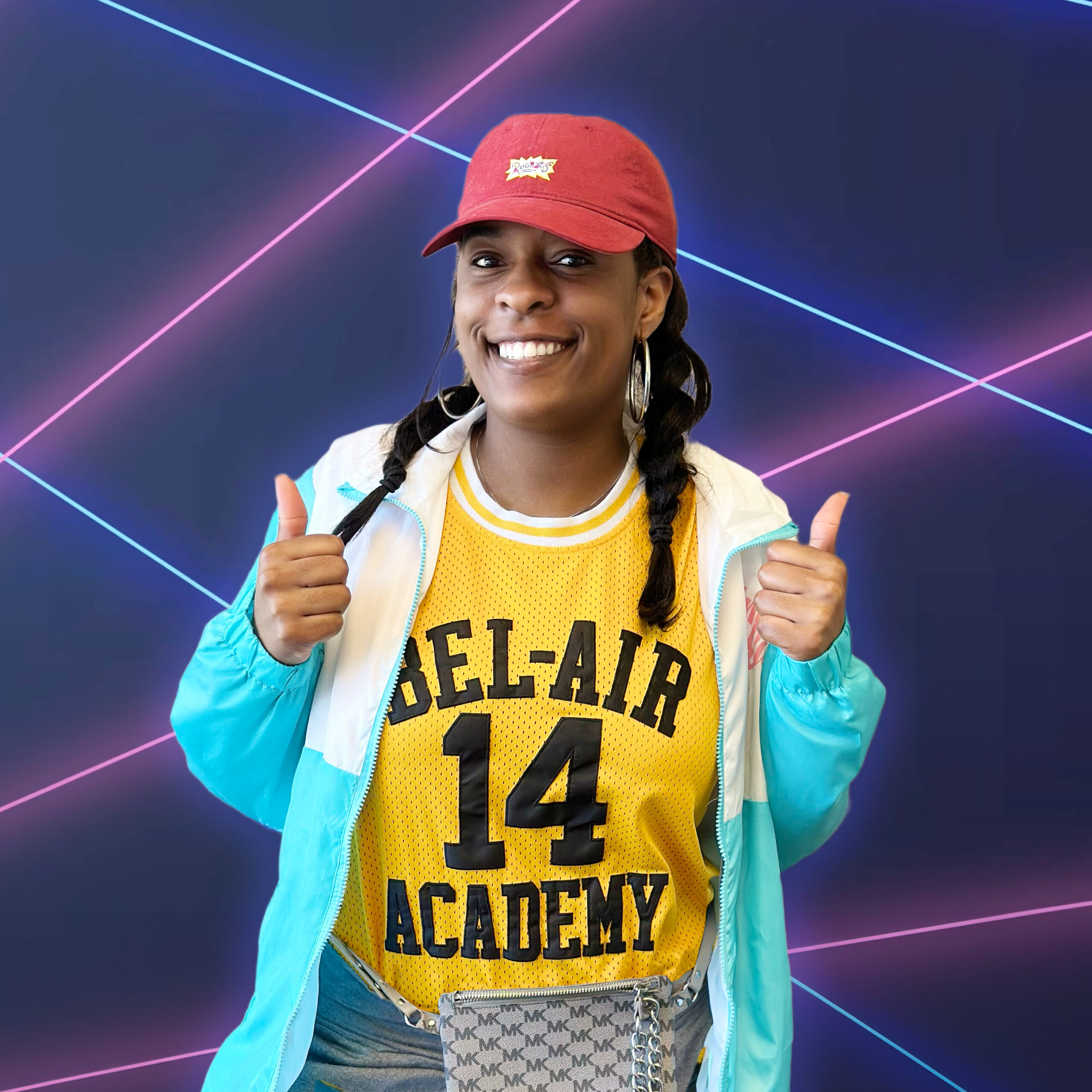 Taylor Salton fun photo posing in retro 90s clothes and old school laser school picture background