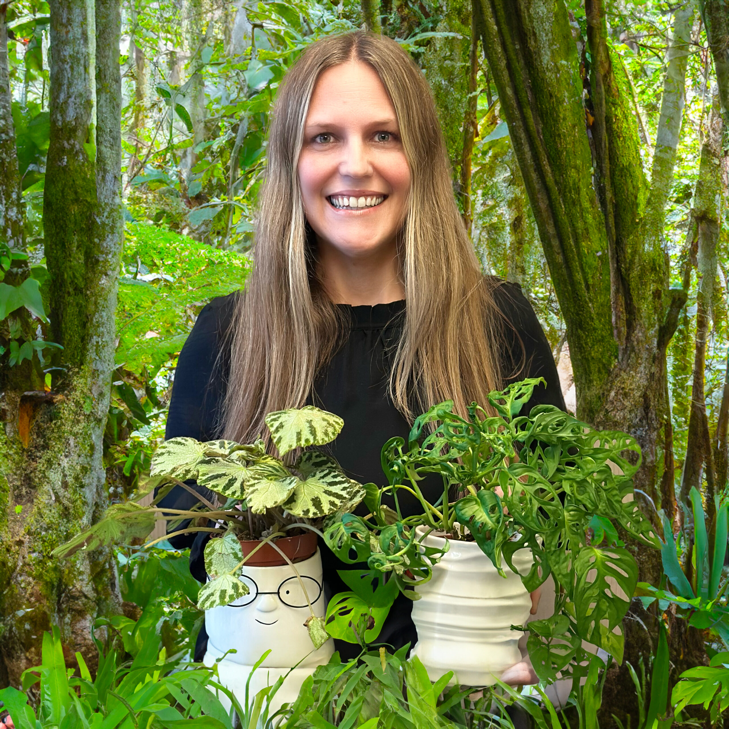 Karla Serpico fun photo posing with potted plants in a forest