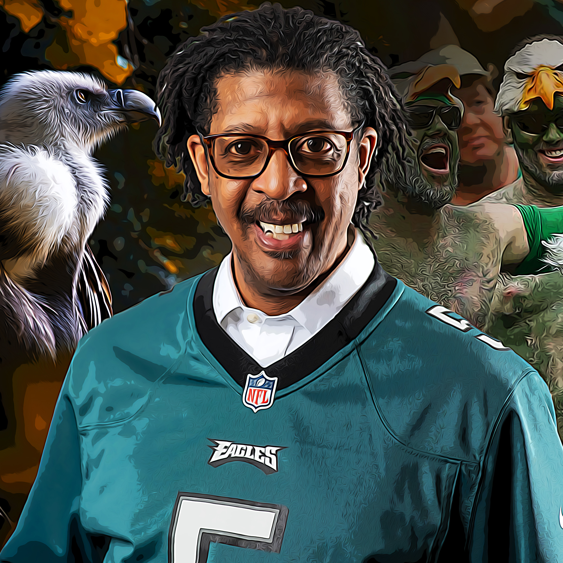 AI generated photo of Carl Tanksley posing in a Philadelphia Eagles jersey with an eagle and Eagles fans in the background