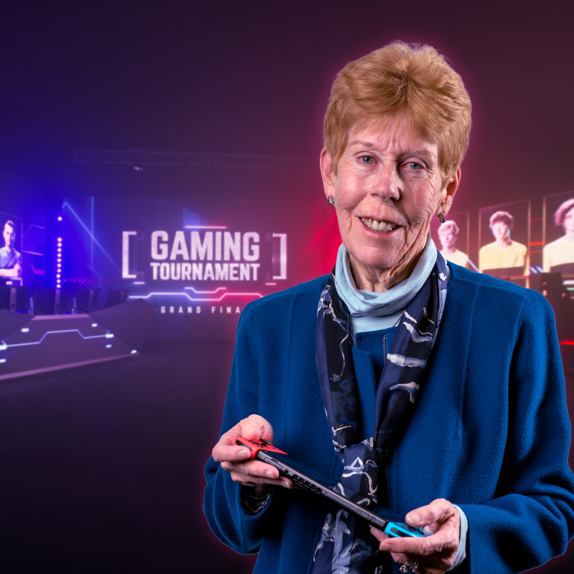 Gwen Thornton in front of a video game competition show