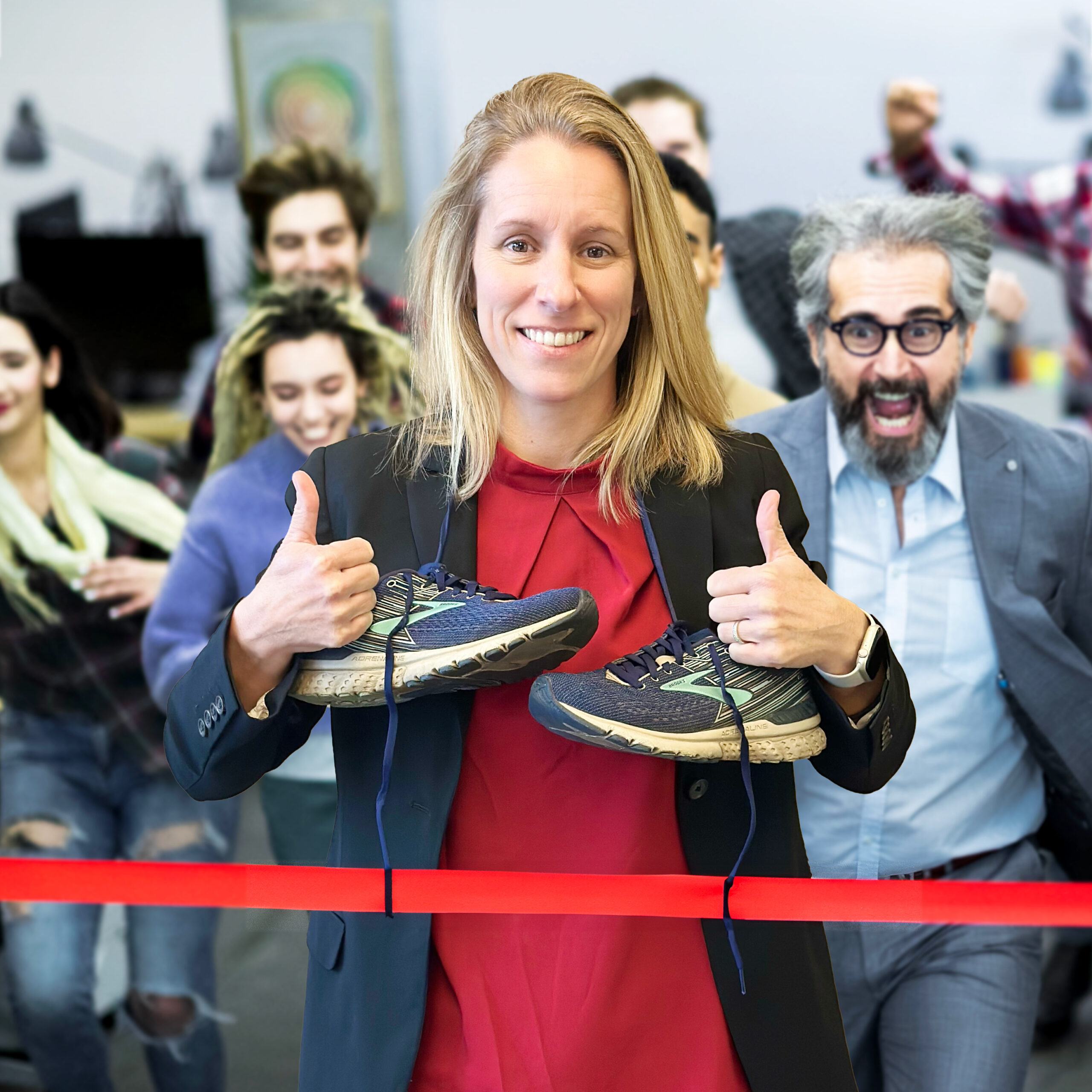 Kathryn A. Whalen, Esq. at finishing line holding thumbs up and sneakers with lawyers racing to the line behind her