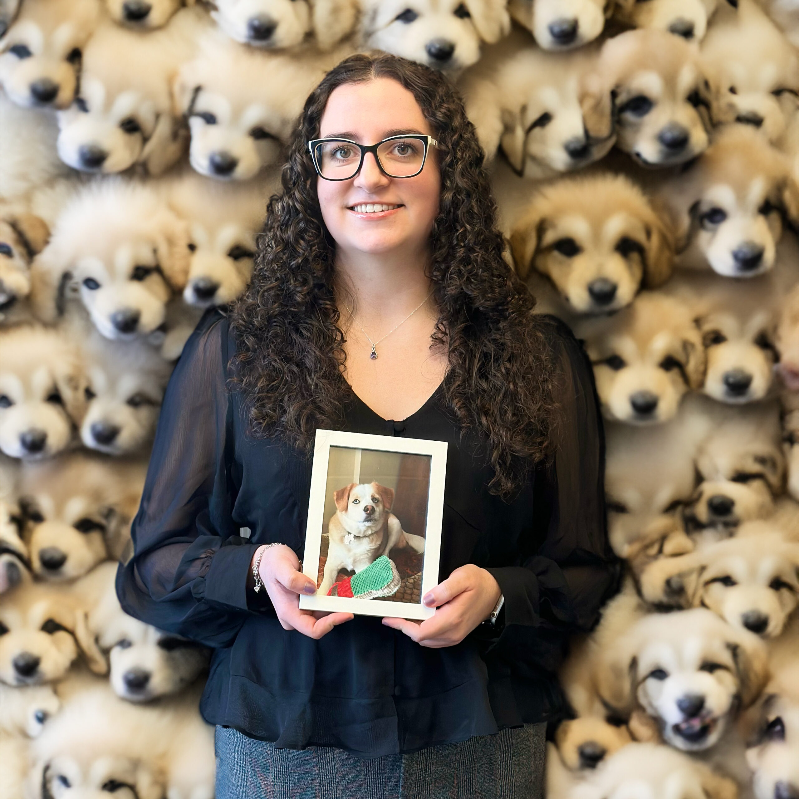 Deryn Younger holding up a photo of her dog with a wall of puppies in the background