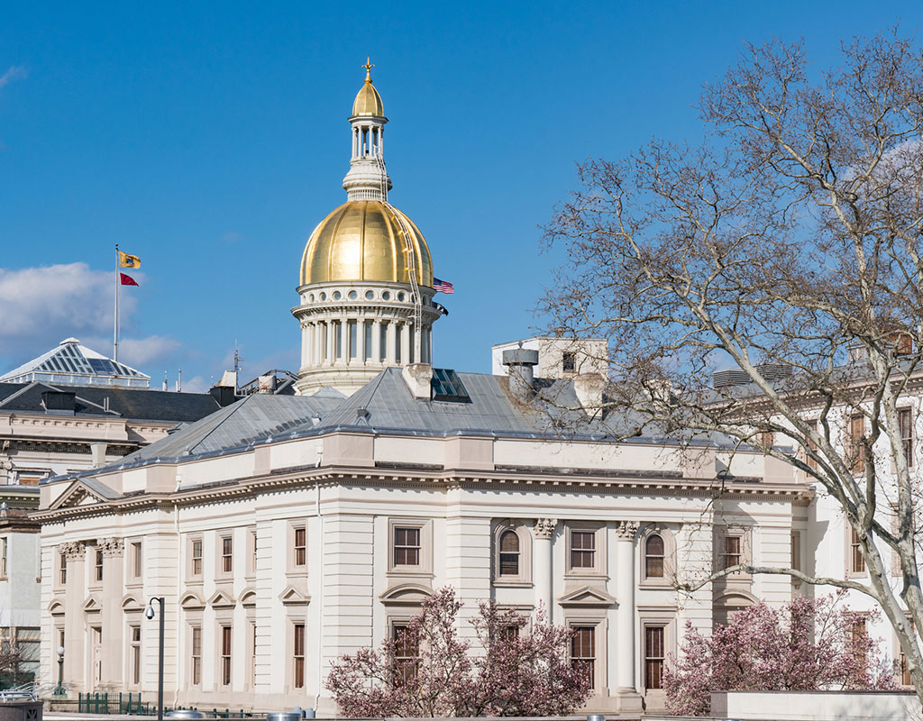 zoomed out photo of the NJ statehouse including the gold dome