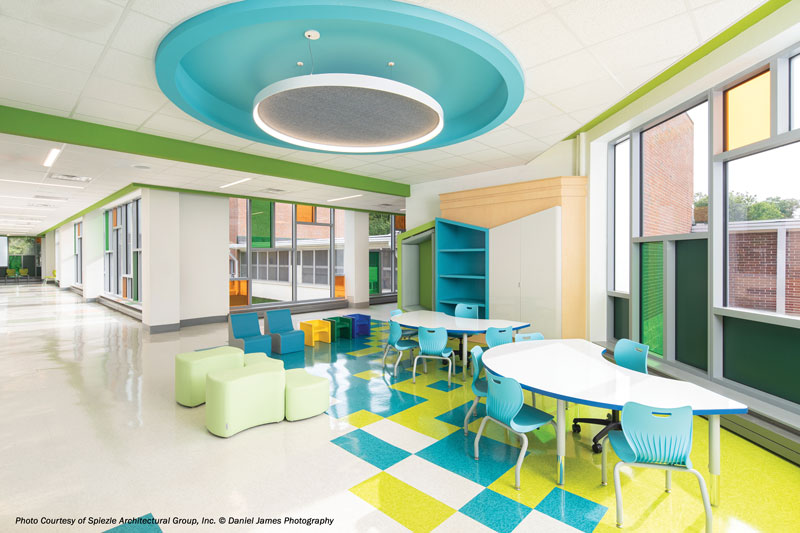 Interior design of a school with modern furniture and teal and yellow accents