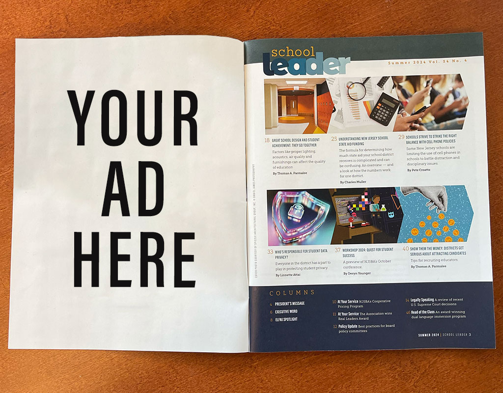 School Leader magazine open to the first page displaying hte table of contents on the right and a blank page to the left indicating "your ad here" 