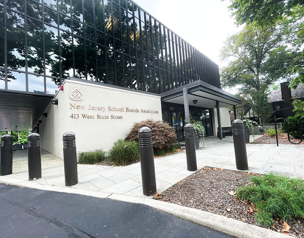 zoomed out view of the front entrance of NJSBA headquarters building