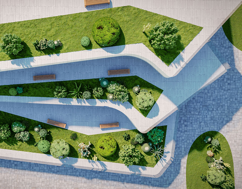 Birdseye view of the outside of a school with terraces full of green plants