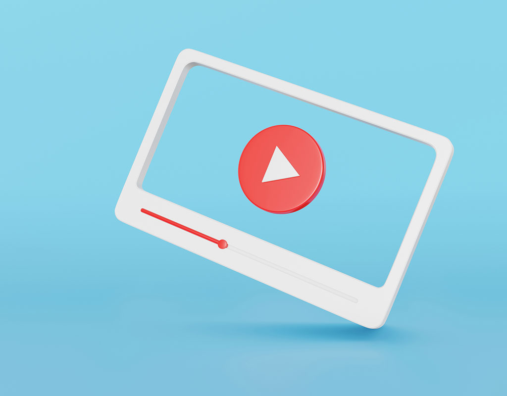 Popular social media, Minimal video media player red and white Interface on blue background, 3d render.