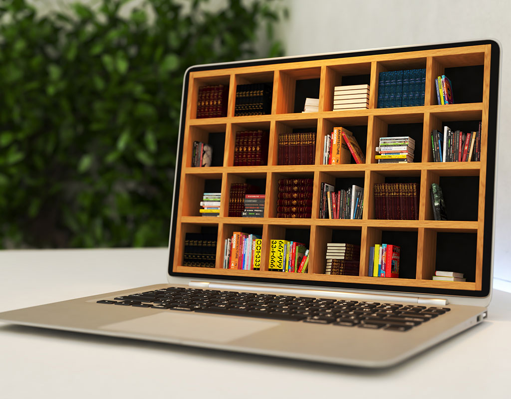 Laptop with online library deep of field realistic 3D rendering