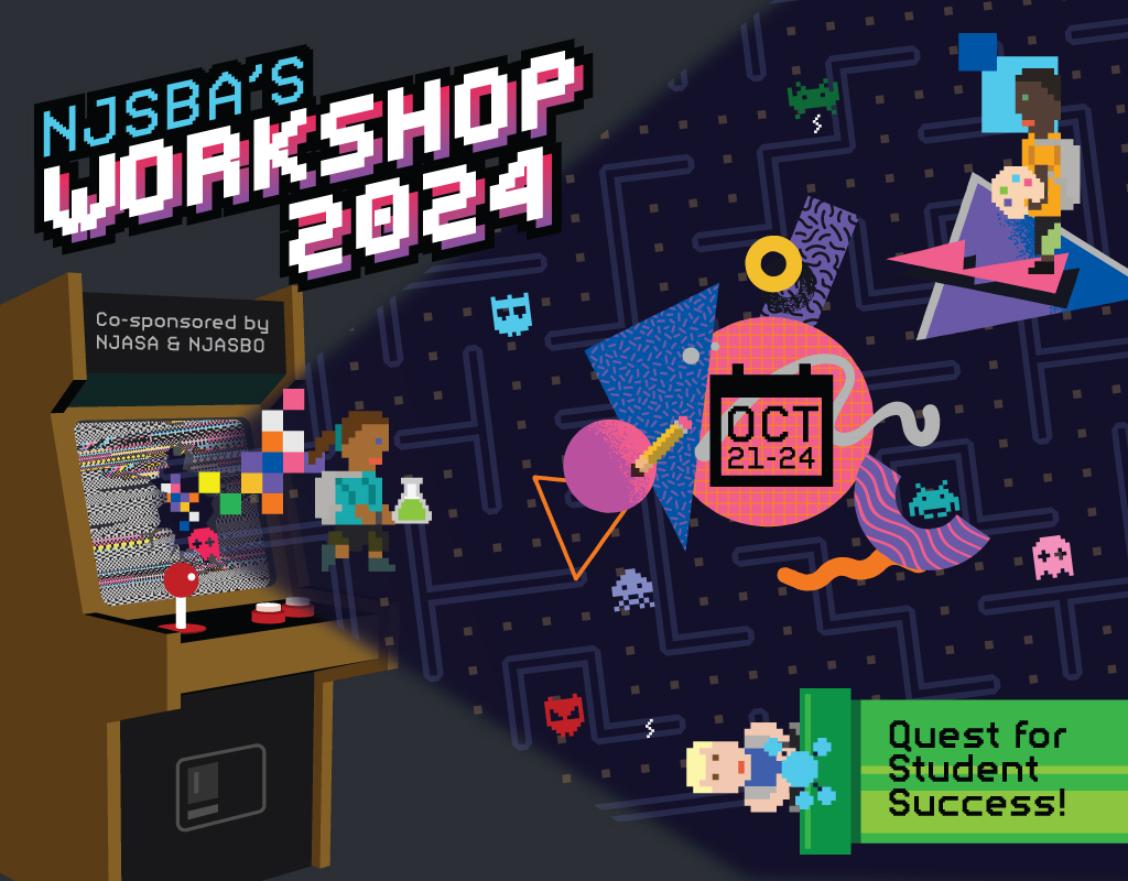 Workshop 2024 theme art featuring a pixelated children popping out of an arcade unit with retro shapes