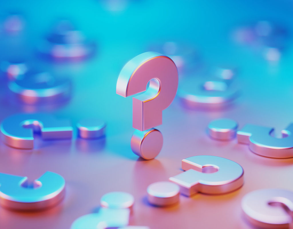 Metallic question marks illuminated by blue and pink lights on blue and pink background. Horizontal composition with copy space.