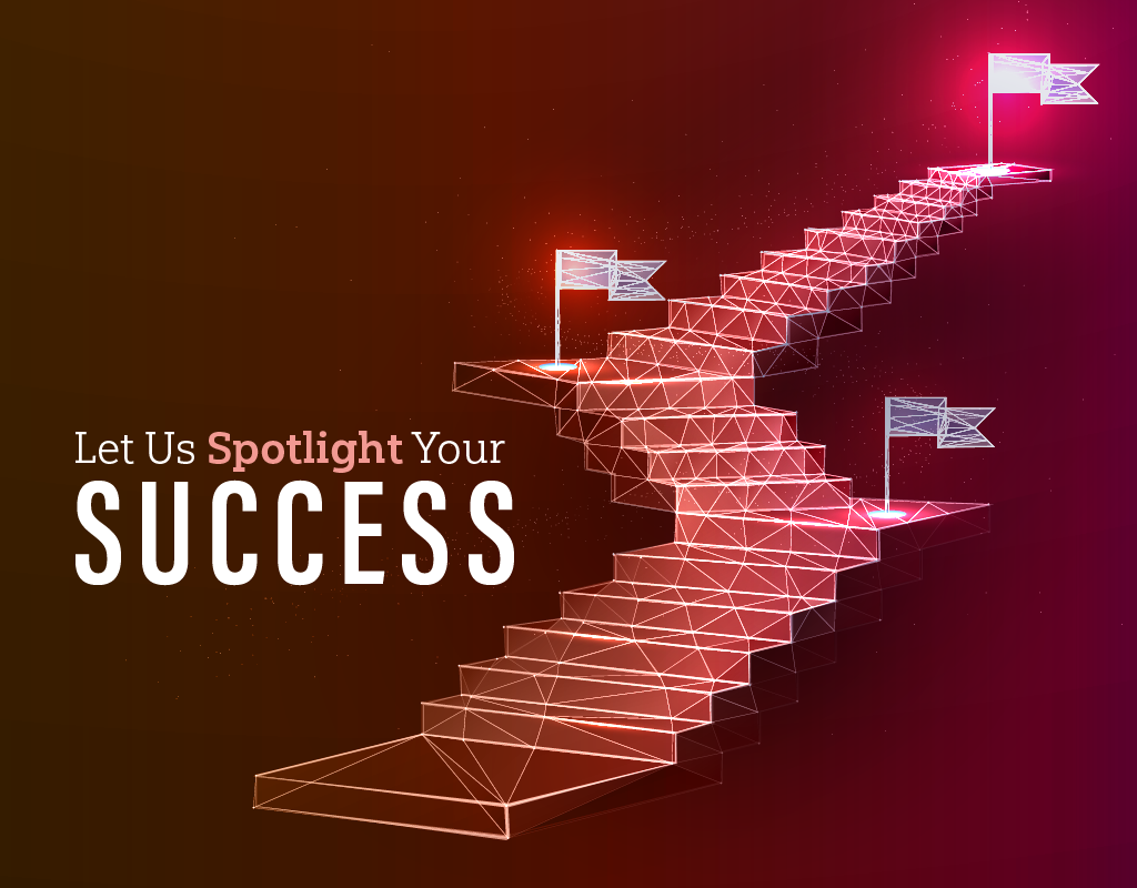 illustration of a glowing staircase with flags with an pink and purple gradient background and the text let us spotlight your success