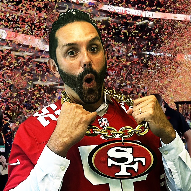 Dr. Nicholas Diaz posing in San Francisco 49ers gear with a super bowl confetti celebration in the background