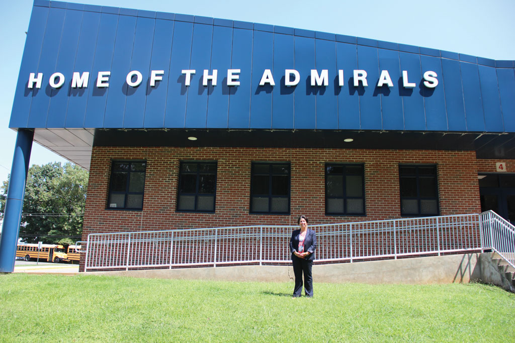 Dr. Tara Beams, superintendent of the Henry Hudson Regional School District, in front of Henry Hudson Regional School.