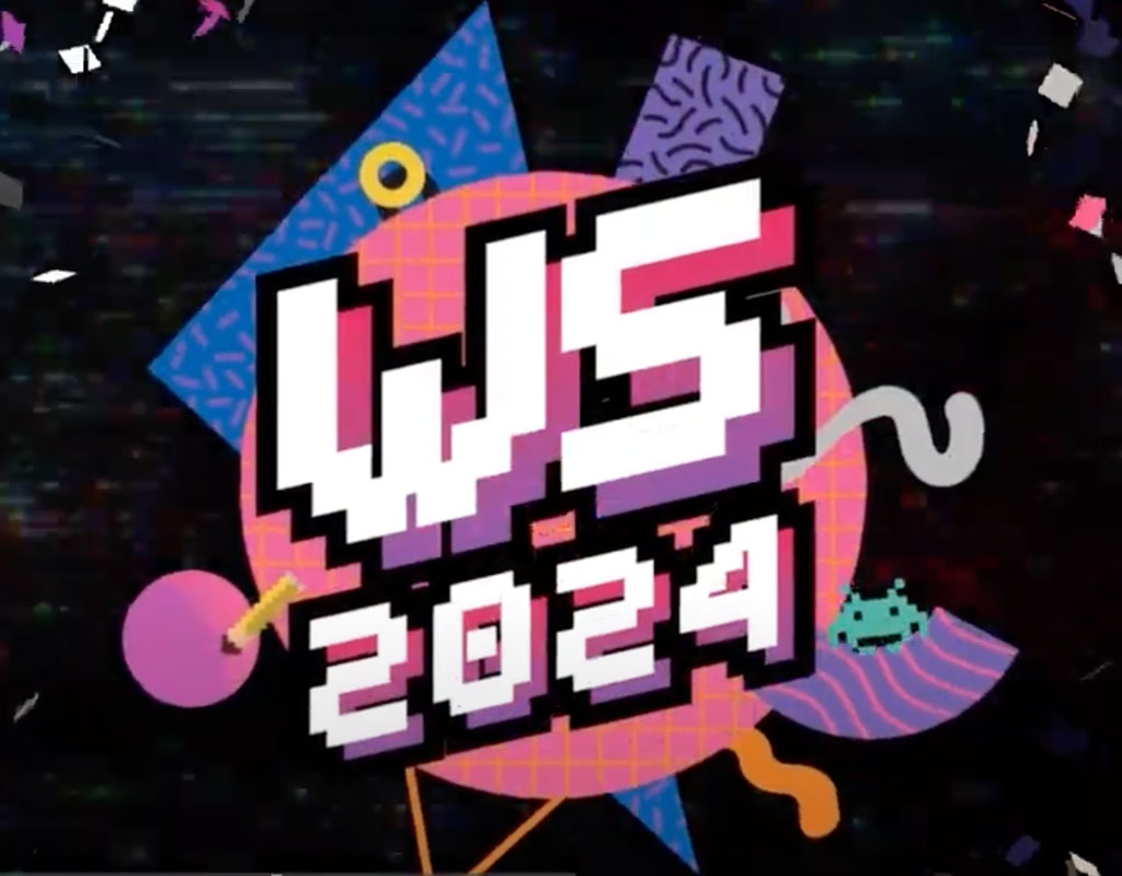 pixel style illustration of WS 2024 logo with 90s neon shapes in the background