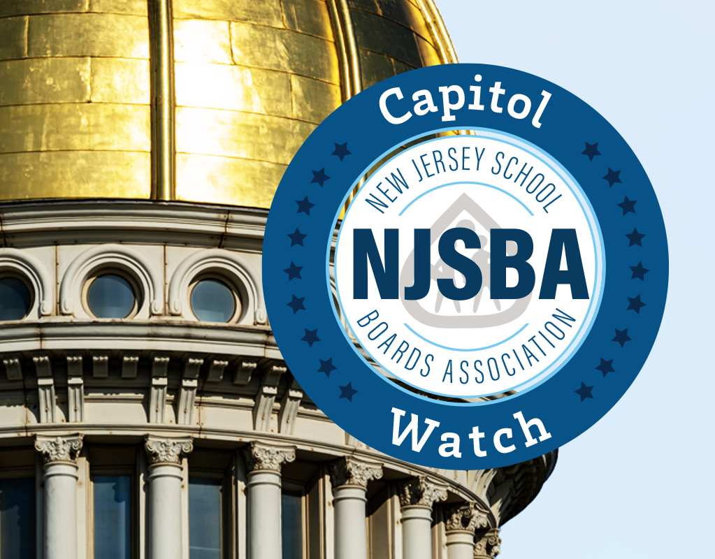 closeup of NJ statehouse golden dome with the njsba capitol watch logo over top