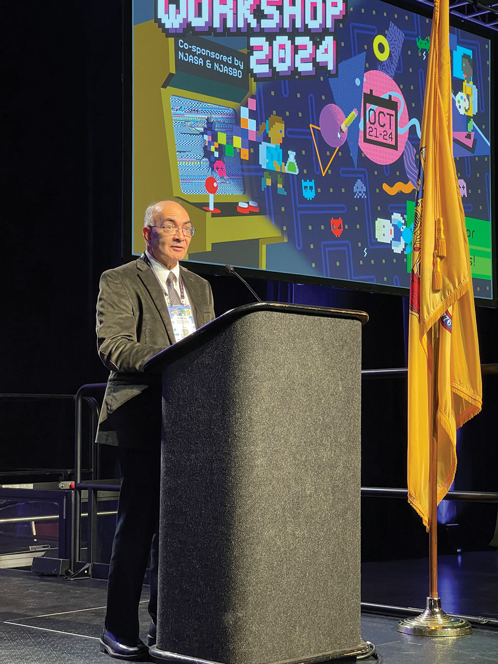 Charles Caraballo speaks at Workshop 2024 after being recognized as NJSBA’s 2024-2025 Board Member of the Year.