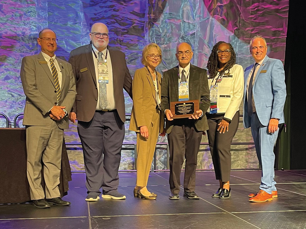 Left to right: Dr. Tom Connors, vice president for finance at NJSBA; Barry Fitzgerald, vice president for county activities at NJSBA; Karen Cortellino, M.D., president of NJSBA; Charles Caraballo, NJSBA’s 2024-2025 Board Member of the Year; Chanta L. Jackson, vice president for legislation/resolutions at NJSBA; and Dr. Timothy Purnell, executive director and CEO of NJSBA, at Workshop 2024.