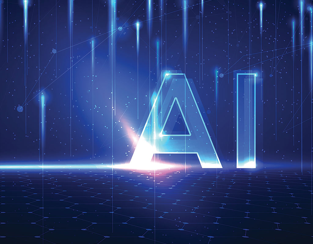 futuristic style glowing letters AI with an abstract computer style background