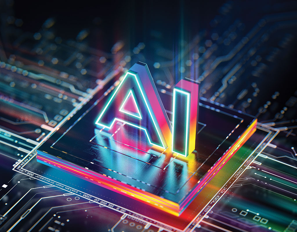 colorful abstract art of a computer chipboard with the letters AI