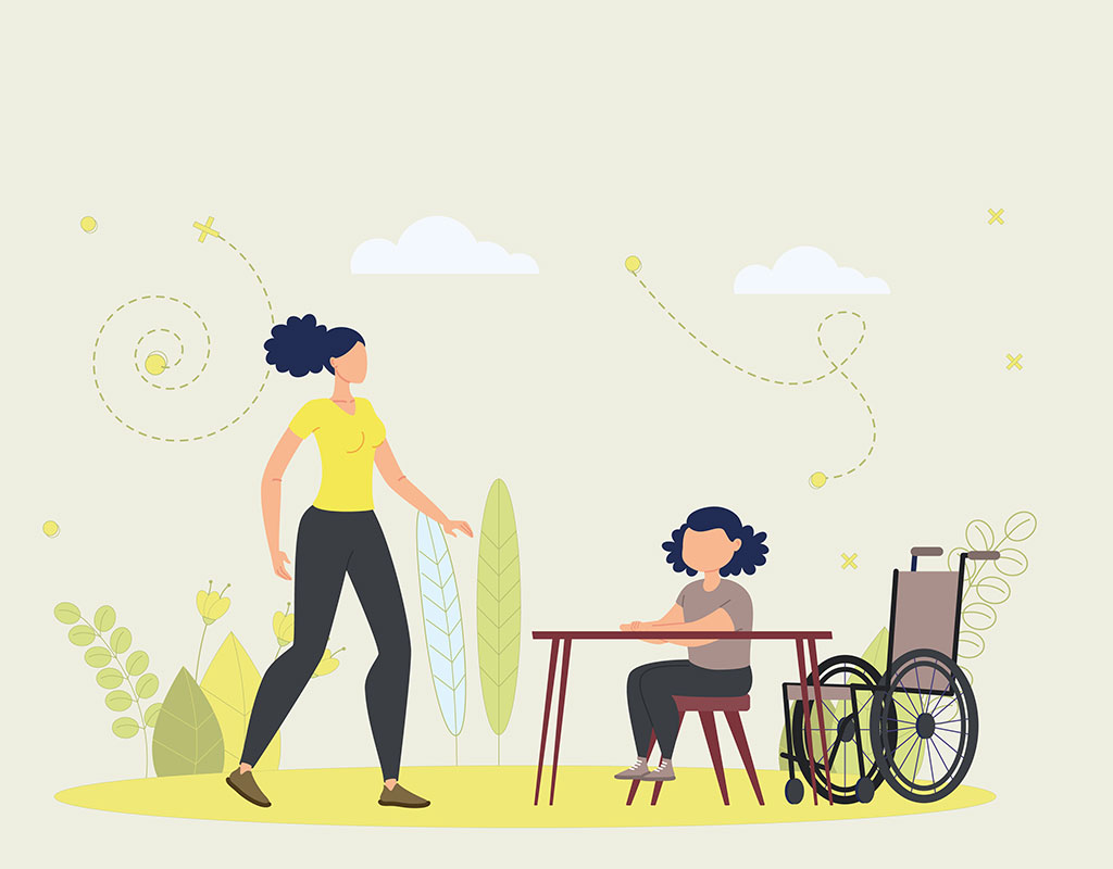 Illustration of a handicap student with a wheelchair sitting at a table talking to a teacher with a light yellow color pallet