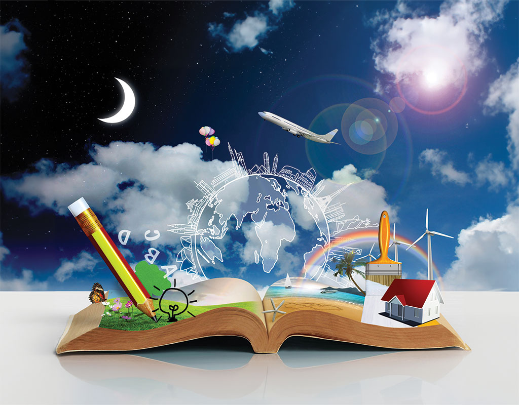 3d illustration of an open book with various objects flying out with the background of a nightscape