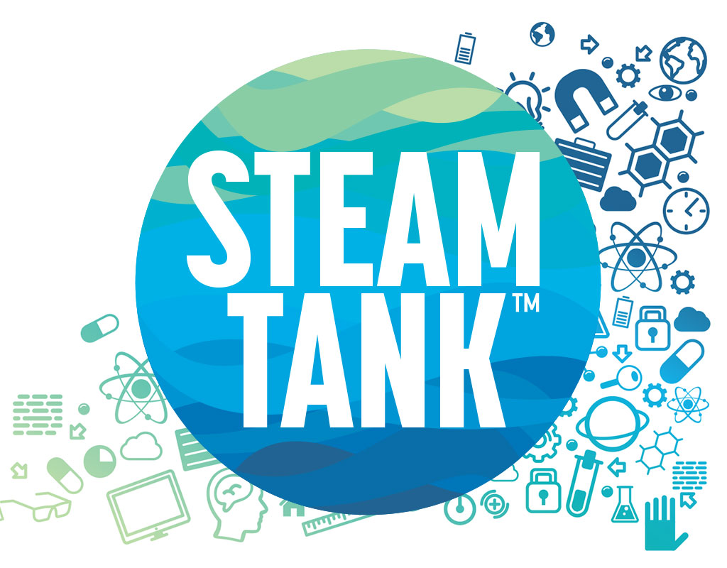 STEAM Tank TM logo over to a blue to green gradient of STEAM icons